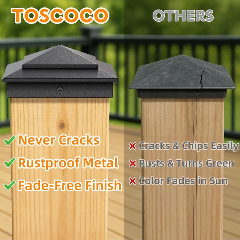 toscoco 6x6 Heavy Duty Aluminium Pyramid Post Caps for Actual 5.5" x 5.5" Wood Cedar Corridors Mailbox Deck Fence Posts, Durable and Unbreakable Waterproof Outdoor Fence Post Cover, 4 Pack-Black - Image 4